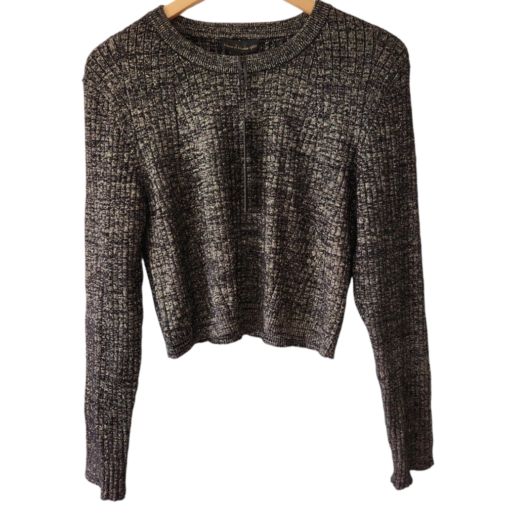 House of Harlow Black Metallic Gold Cropped Crew Neck Knit Sweater Women NEW XL